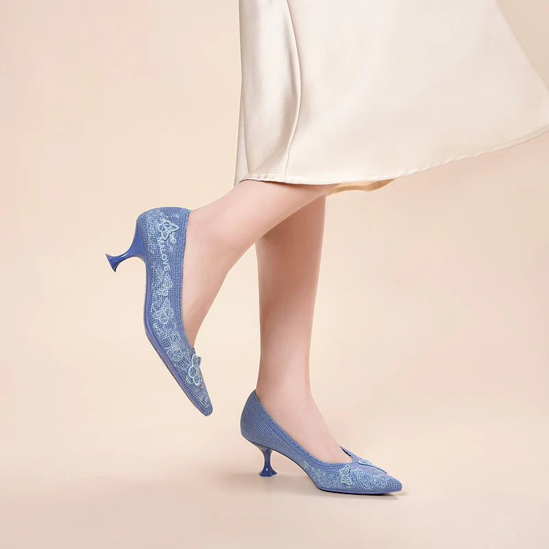 Floral Butterfly Pointed Toe Kitten Heels - Blue