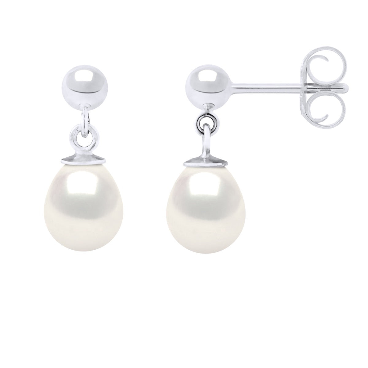 Earrings In White Gold and Real Cultured Freshwater Pearls Pear 7-8 mm - Natural Pearl White - Height Earrings 2 cm
