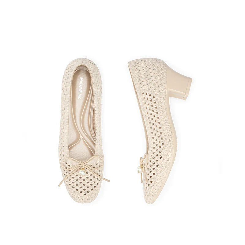 Pearl Bow Mesh Knit Round Toe Pumps - Ivory