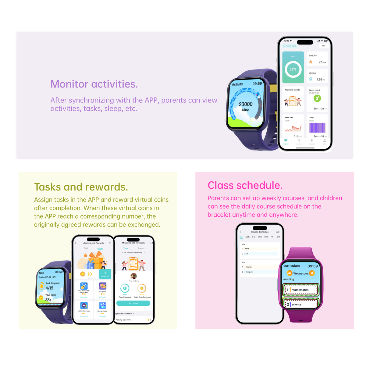Bluetooth Kids Smart Watch 1.69" Screen Children Monitor Temperature Heart Rate Sleep BLE 5.0 - Purple