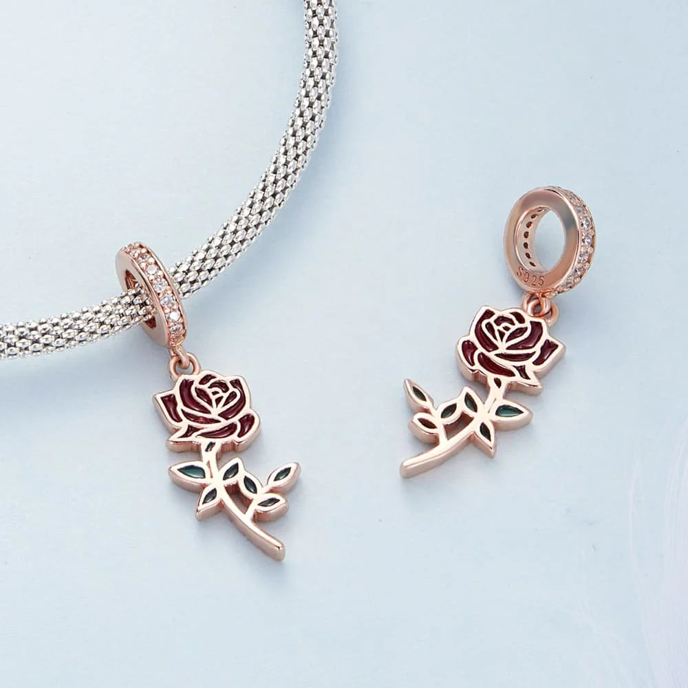 Solid 925 Signature Silver Blooming Rose Charm In Rose Gold