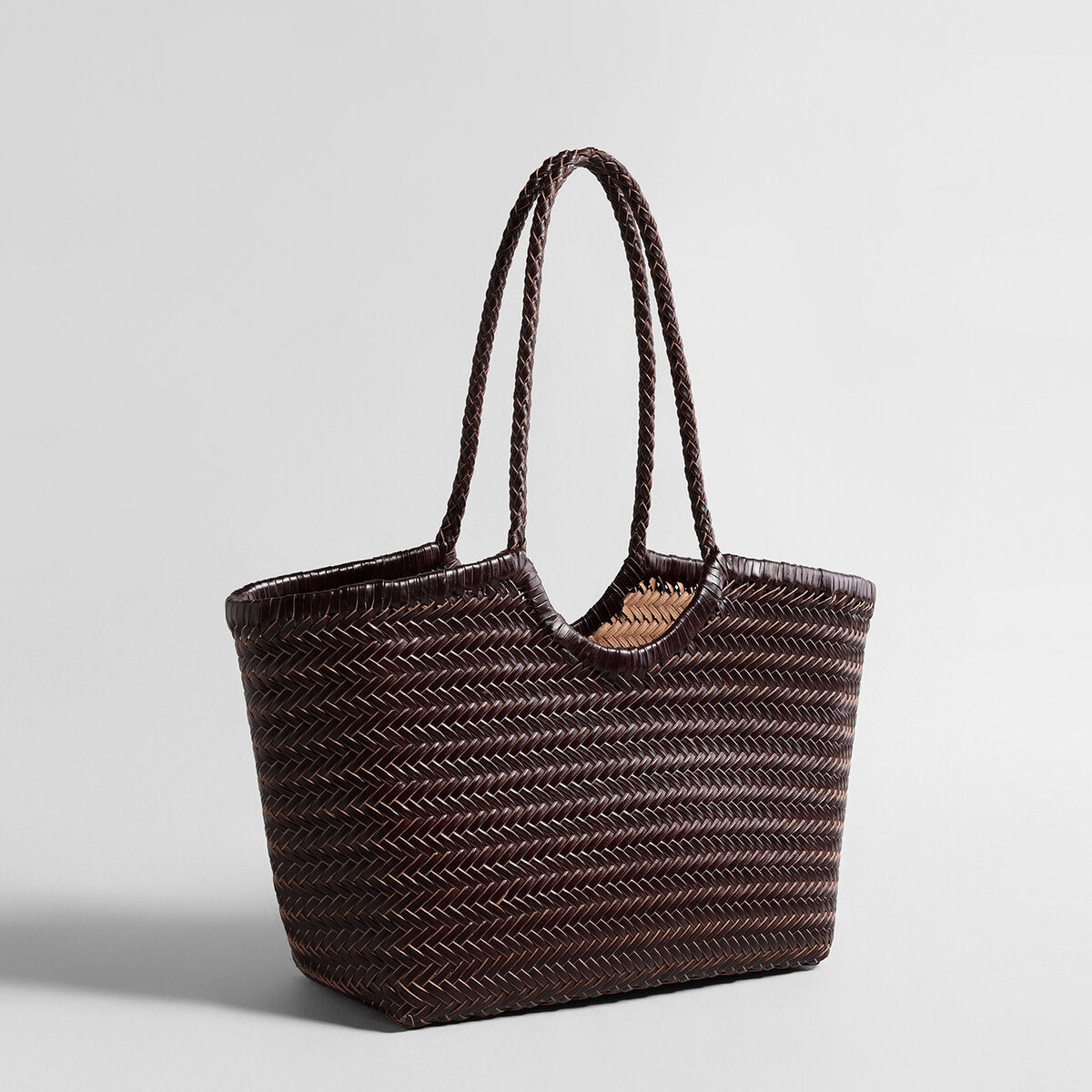 Handwoven Leather Herringbone Basket Tote Bag - Chocolate