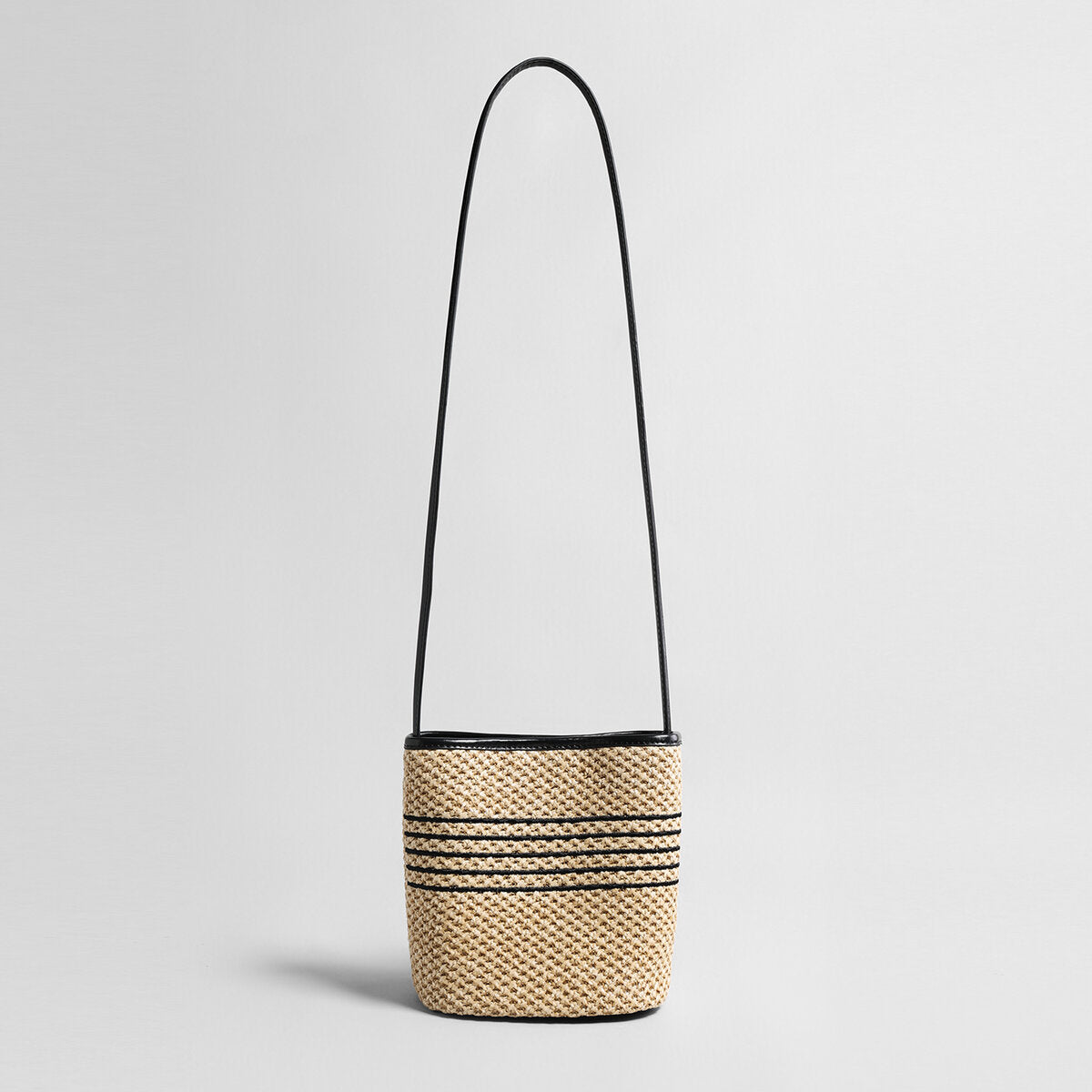 Striped Woven Straw Bucket Bag - Natural