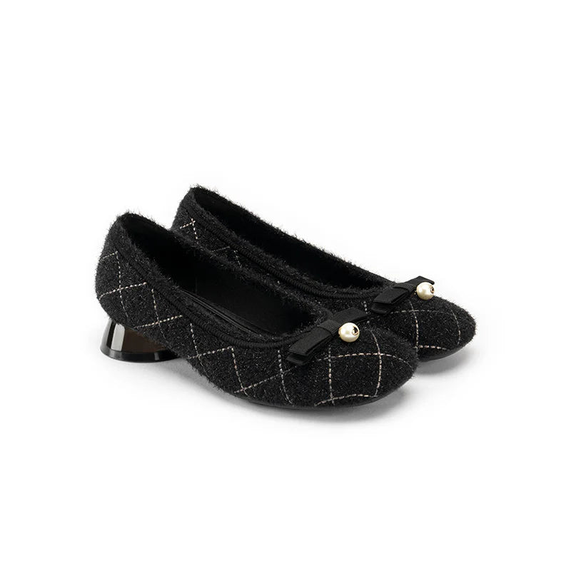 Classic Bow Tweed Quilted Pumps - Black