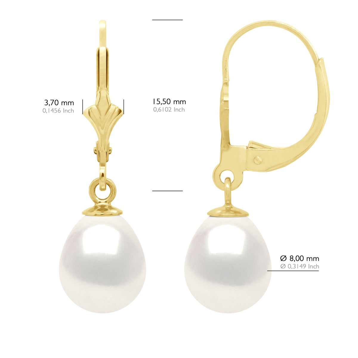 Earrings In Yellow Gold 375 and Real Cultured Freshwater Pearls Pear 8-9 mm - Natural Pearl White - Height Earrings 2,8 cm