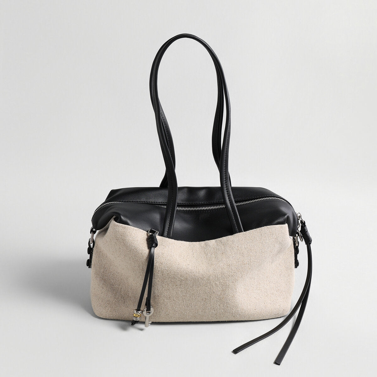 Linen & Leather Colour-Block Tote Bag - Black