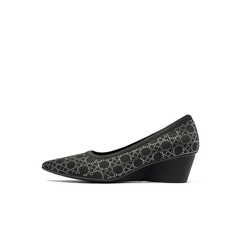 Rhinestone Check Knit Pointed Toe Wedge Pumps - Black