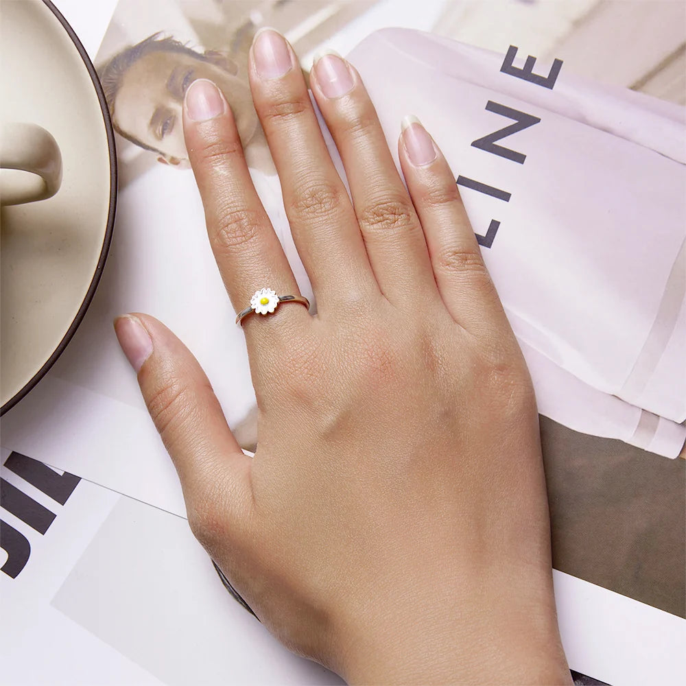 Adjustable Solid 925 Sterling Silver Sunny-Side Up Daisy Ring