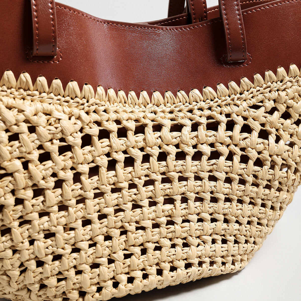 Handwoven Straw Leather Tote Bag - Brown