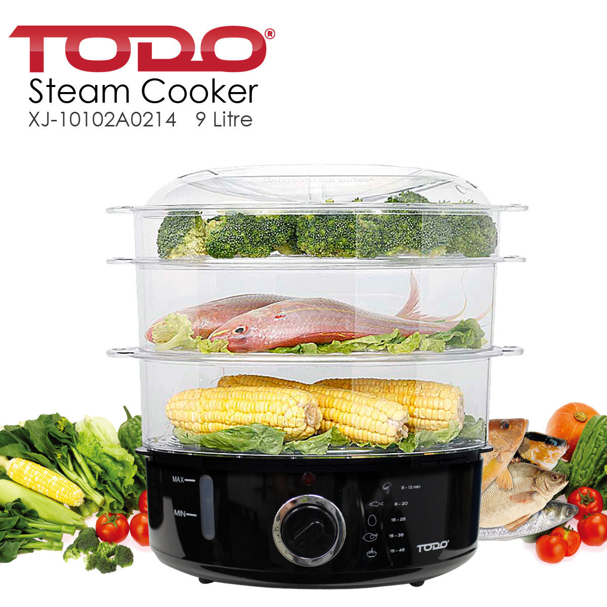TODO 9L Steam Cooker Steamer 3 Tray 800W Power Dial Timer Healthy Stackable