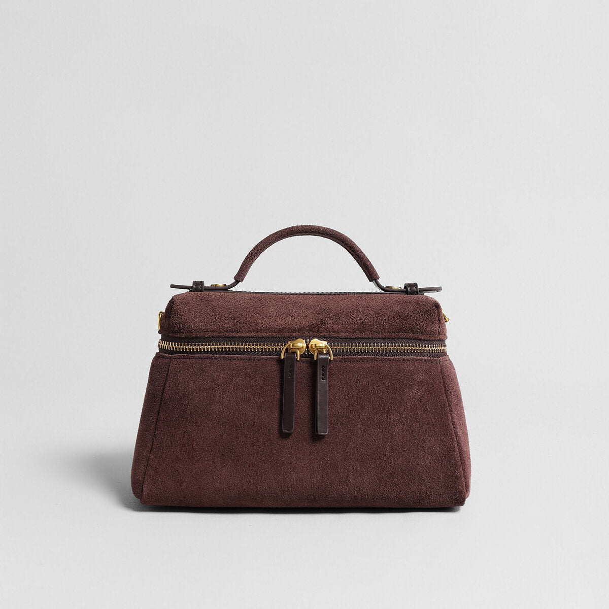 Suede Leather Structured Shoulder Bag - Chocolate