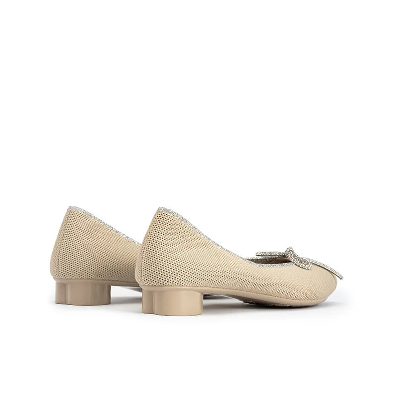 Rhinestone Bow Ballet Flats - Beige