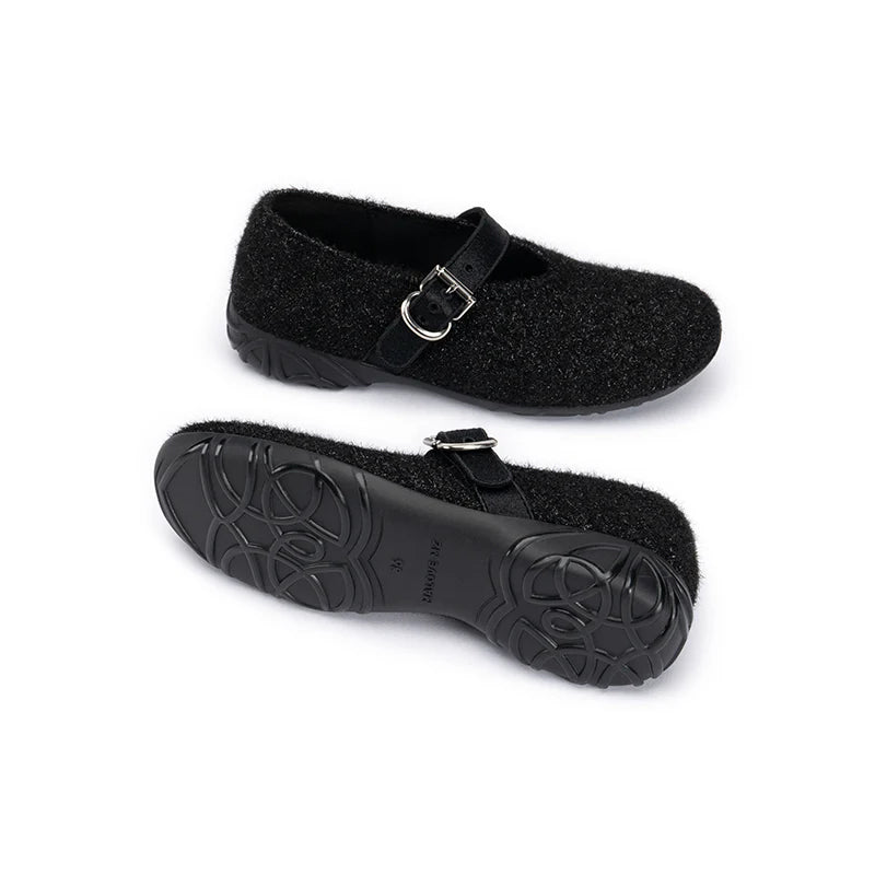 Fuzzy Mary Jane Flats - Black