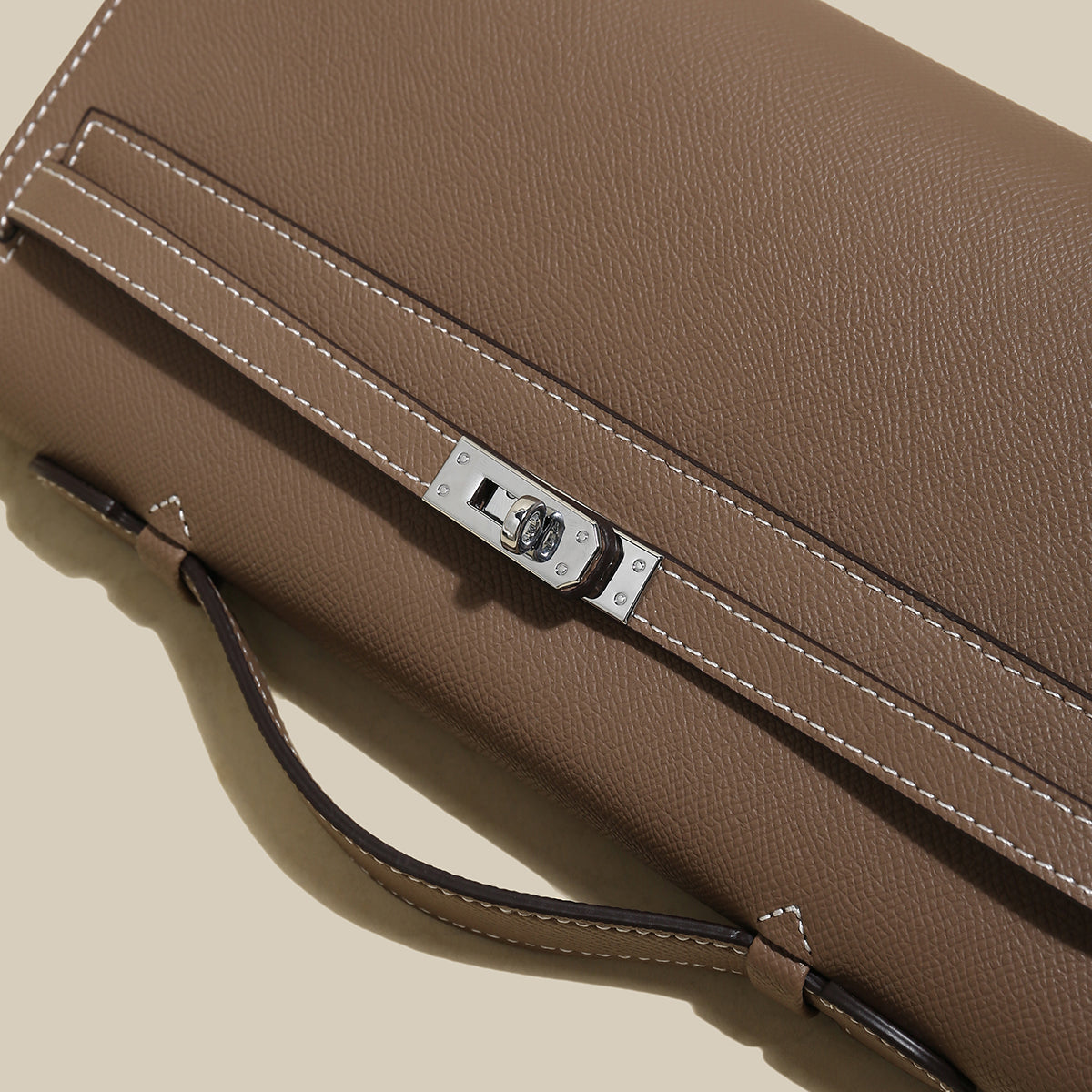 Structured Saffiano Leather Top-Handle Clutch - Taupe