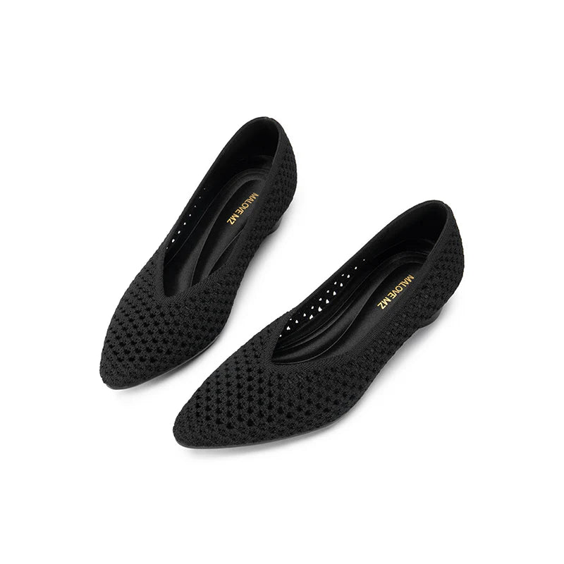 Heart Mesh Knit Pointed Toe Wedge Pumps - Black