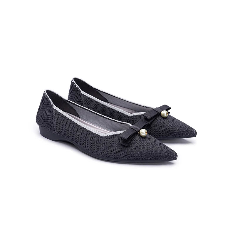 Sarah Casual Pearl Bow Commuter Flats - Charcoal