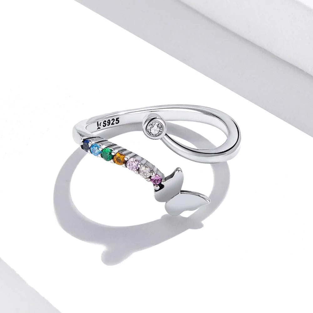 Adjustable Solid 925 Sterling Silver Multicoloured Butterfly Ring
