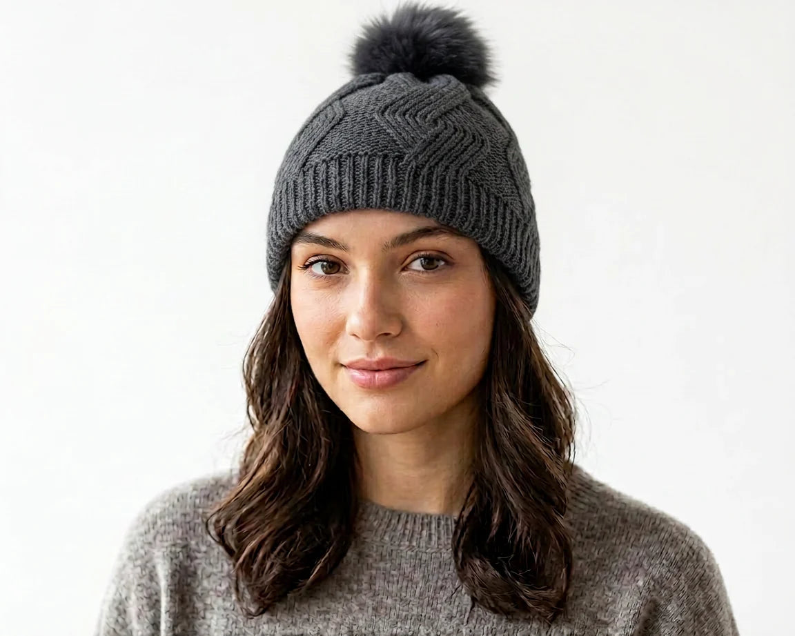 Cherry Red Braid Beanie W/ Pom Pom - Black
