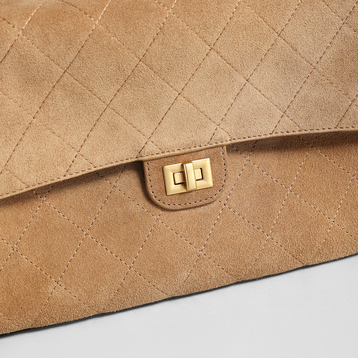 Quilted Suede Box Flap Bag - Camel