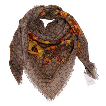 Gucci GG Monogram 100% Wool 140x140Cm Scarf - Brown+Multi