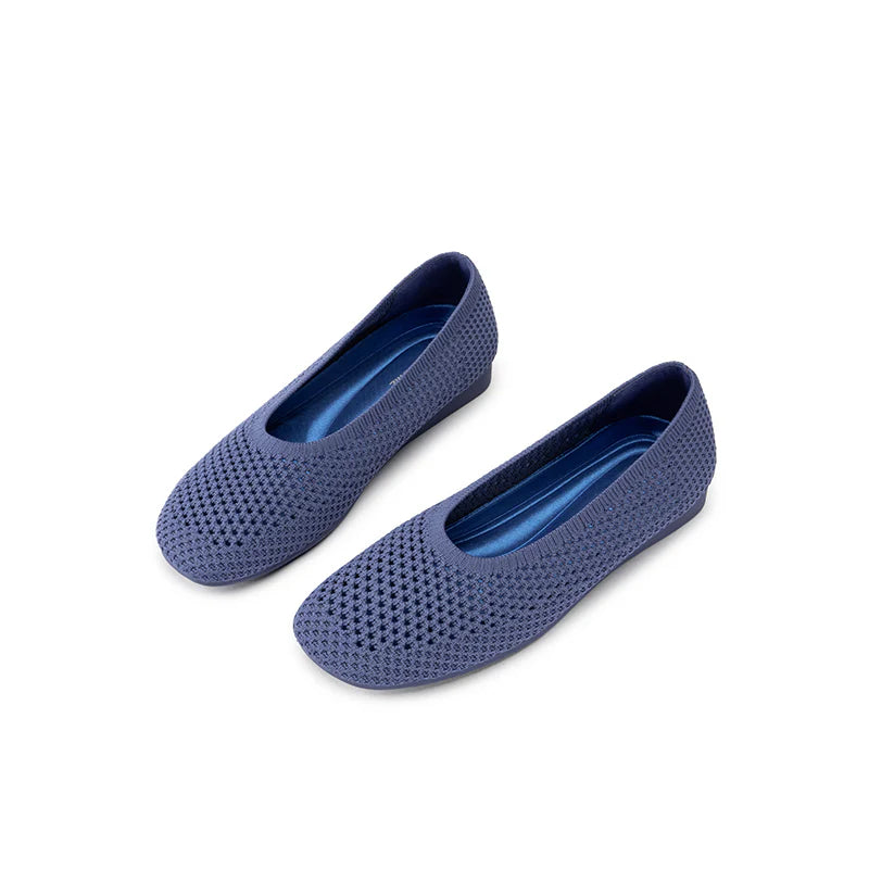 Heart Mesh Knit Square Toe Wedge Flats - Navy