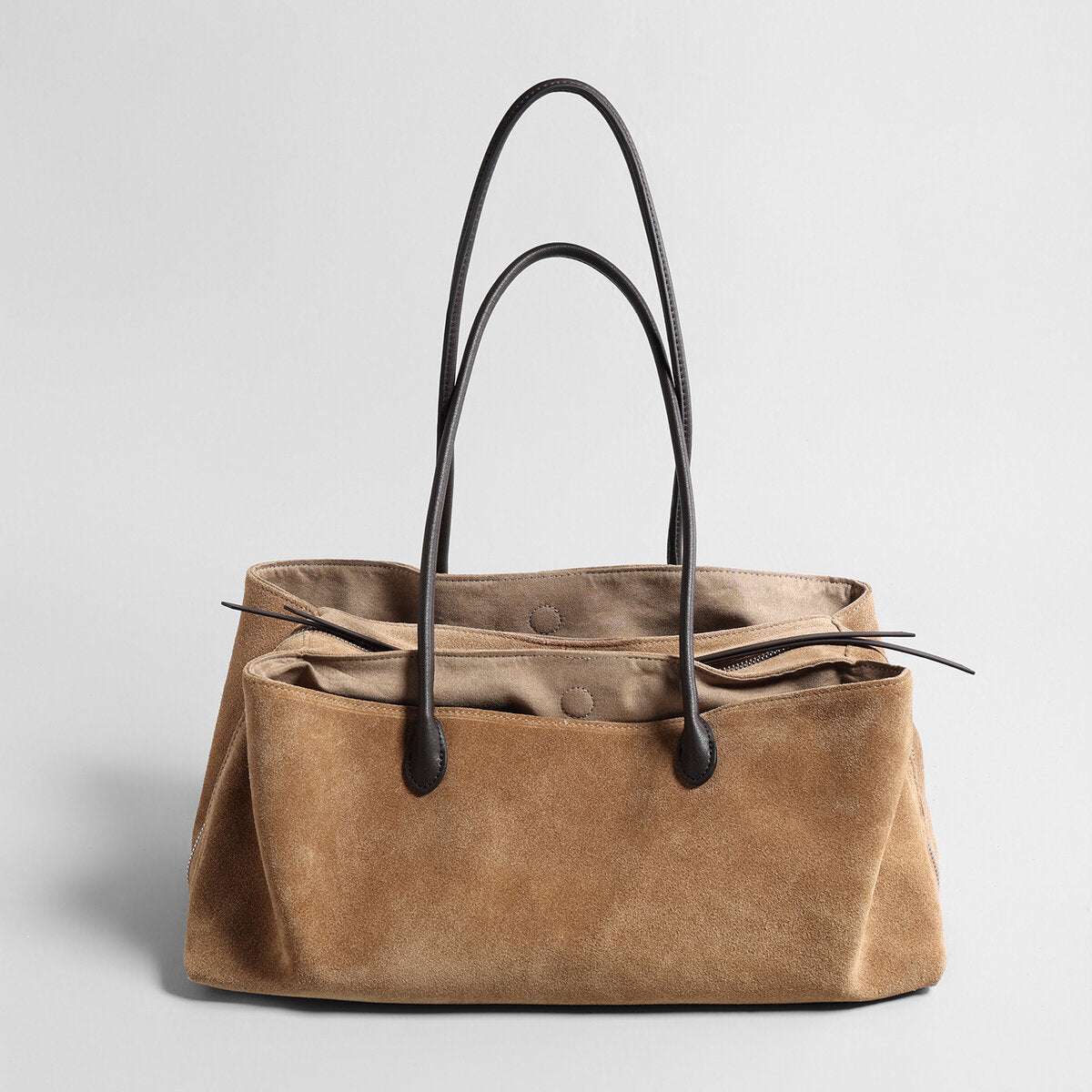 Suede Leather Triple-Compartment Tote Bag - Camel