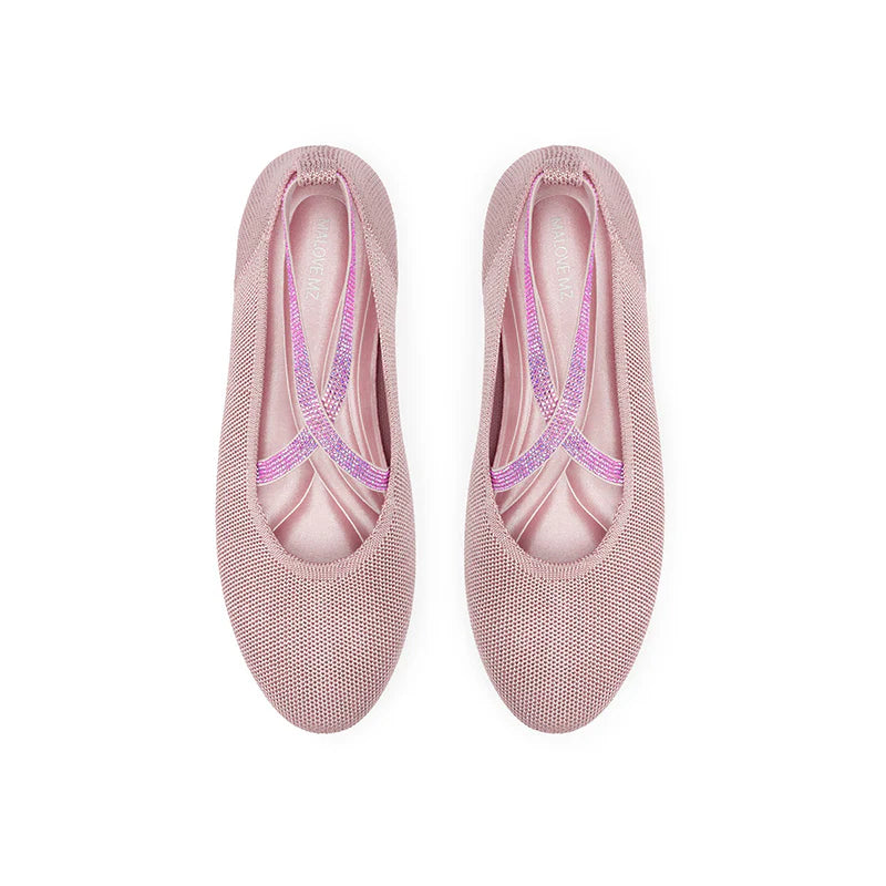 Rhinestone Cross Strap Knit Ballet Flats - Pink