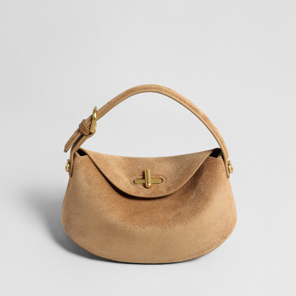 Suede Leather Pebble Top Handle Bag - Camel
