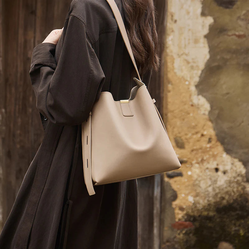 Nalandu Minimalist Genuine Leather Bucket Shoulder Bag - Taupe
