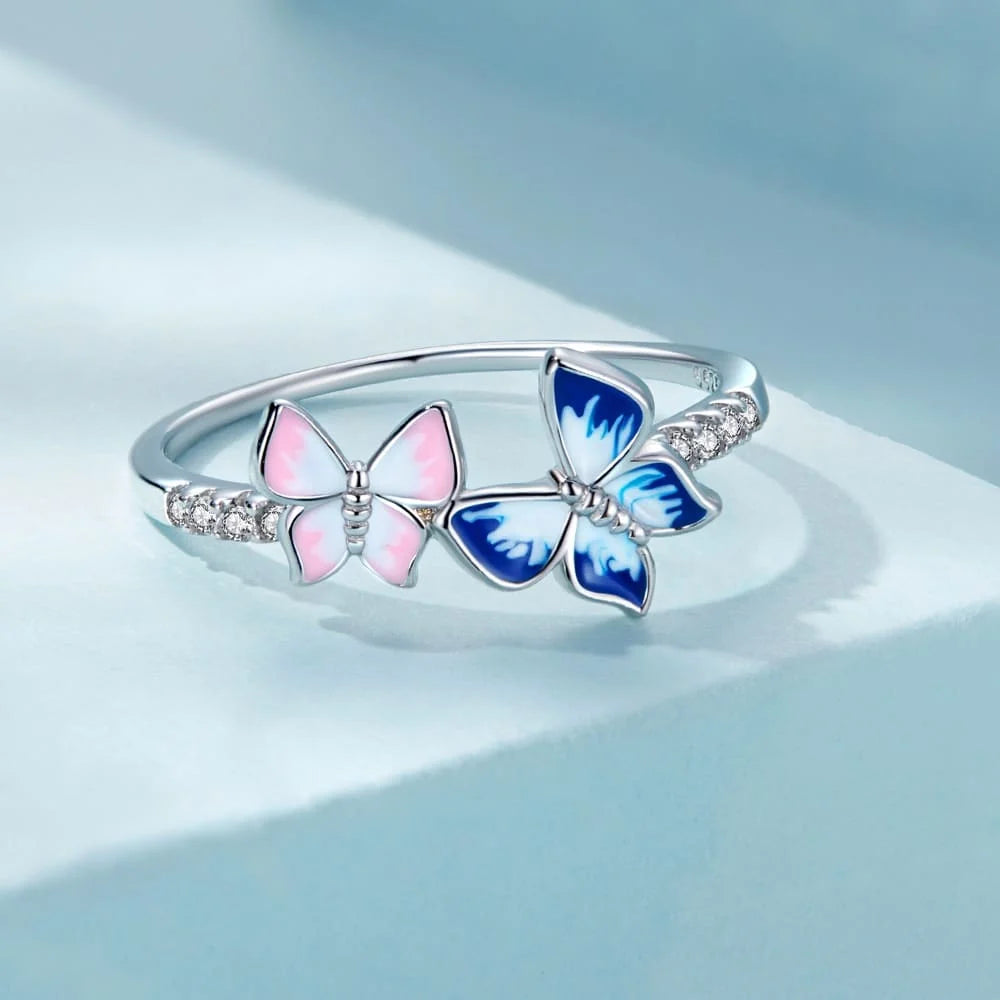 Solid 925 Sterling Silver Non-Identical Twin Butterfly Ring