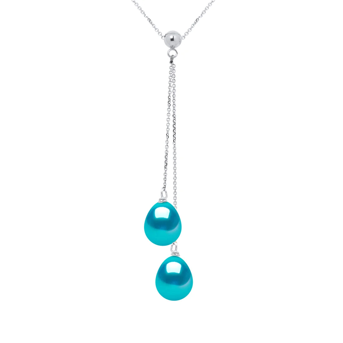 Necklace Toi & Moi Drop Freshwater Pearl & Turquoise White Gold
