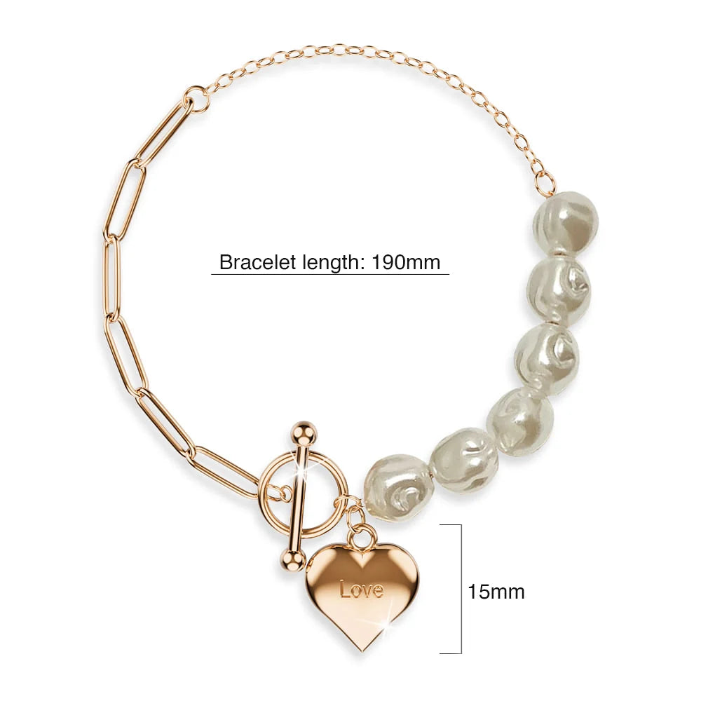 Bullion Gold Pearl Paper Clip Chain Heart Rose Gold Layered Stainless Steel Bracelet