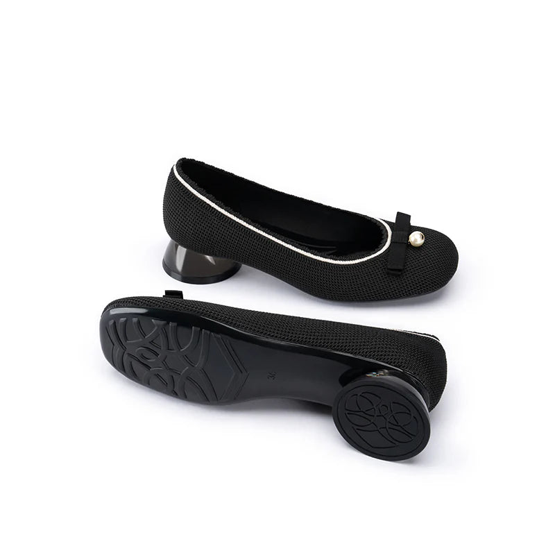 Pearl Bow Knit Square Toe Loafer Pumps - Black
