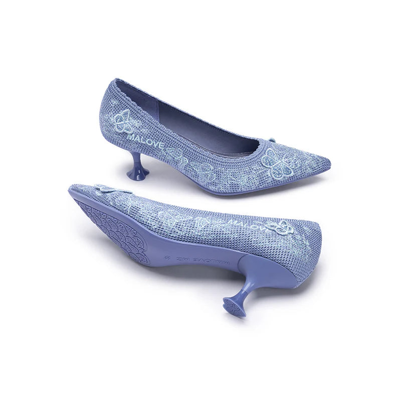 Floral Butterfly Pointed Toe Kitten Heels - Blue