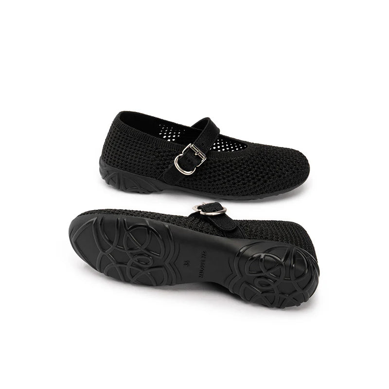 Heart Cutout Breathable Mesh Mary Jane Wedges - Black