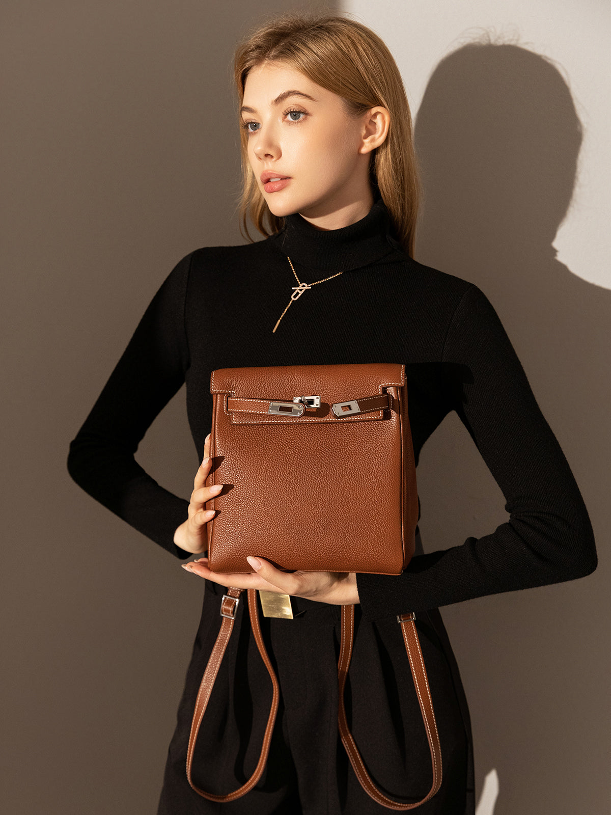 Madison Structured Leather Convertible Backpack - Brown