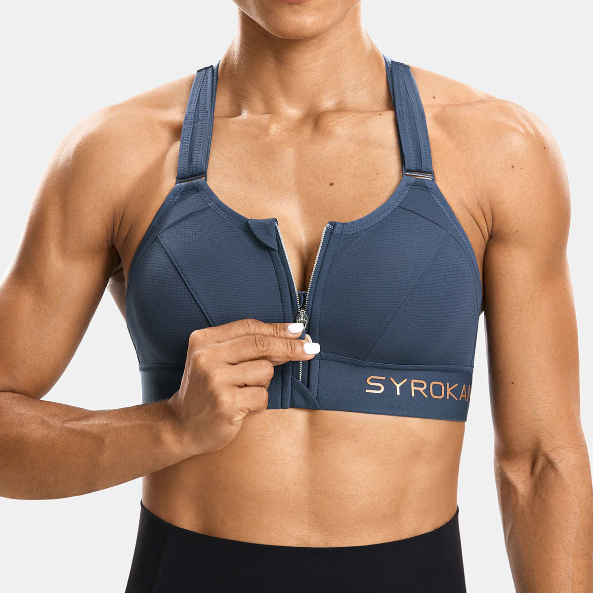 Zip Front Large Padded High Impact Sports Bra - Navy