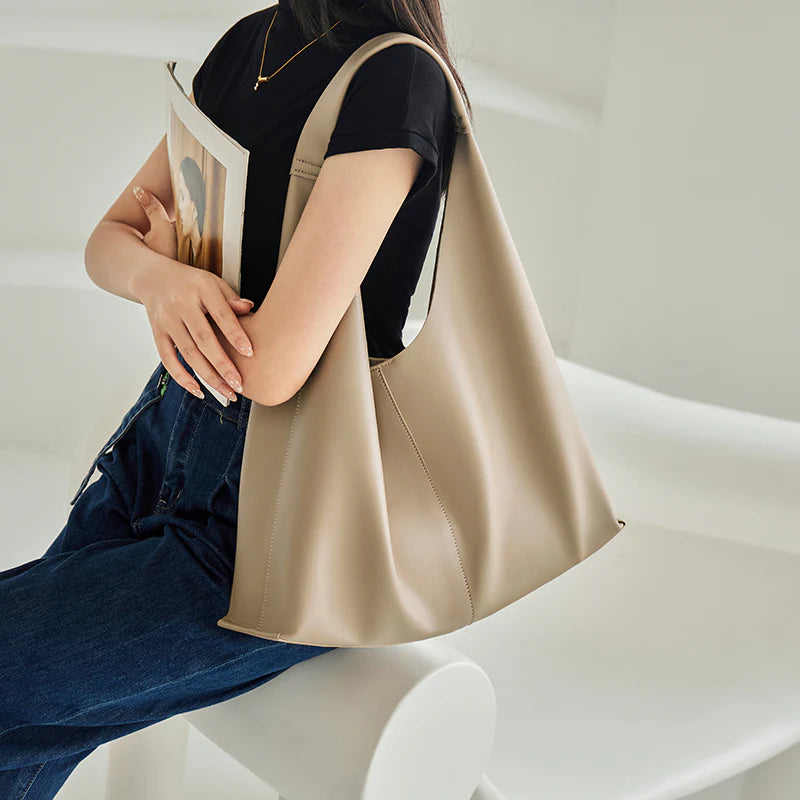 Nalandu Soft Slouch Genuine Leather Oversized Tote Bag - Taupe