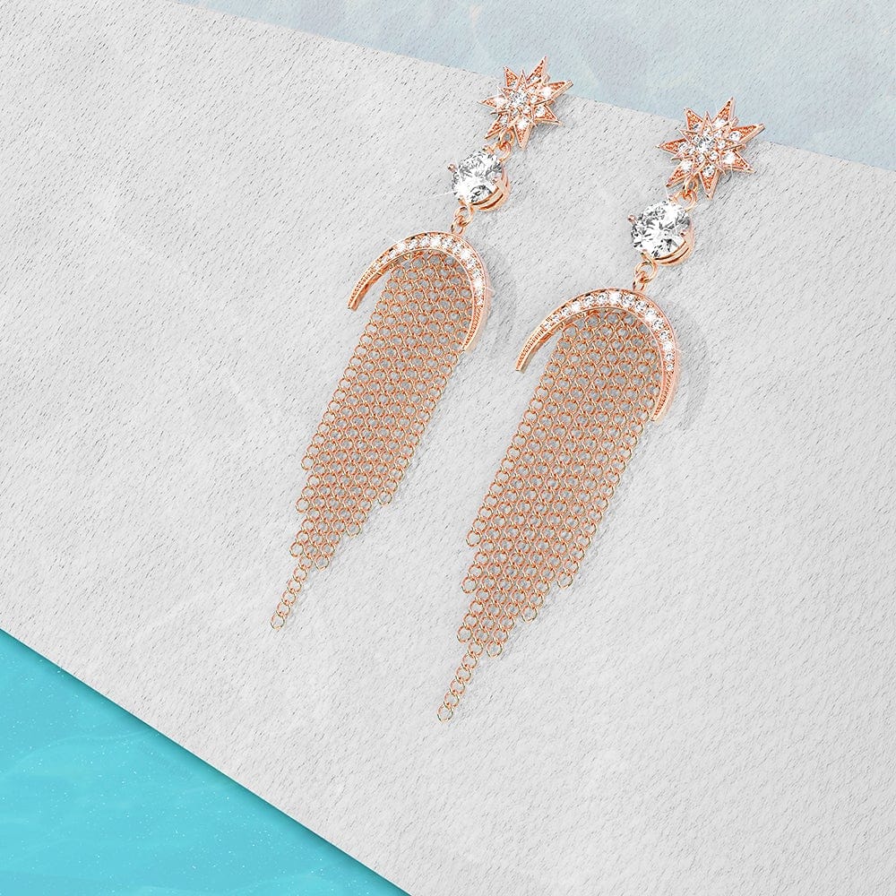 Bullion Gold Star Sun & Moon Diamonelle Chandelier Tassle Drop Earrings Rose Gold