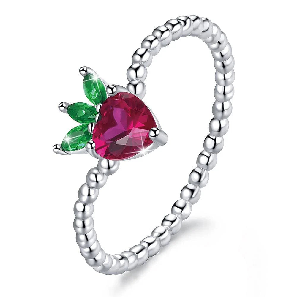 Solid 925 Sterling Silver Strawberry Ball Chain Ring