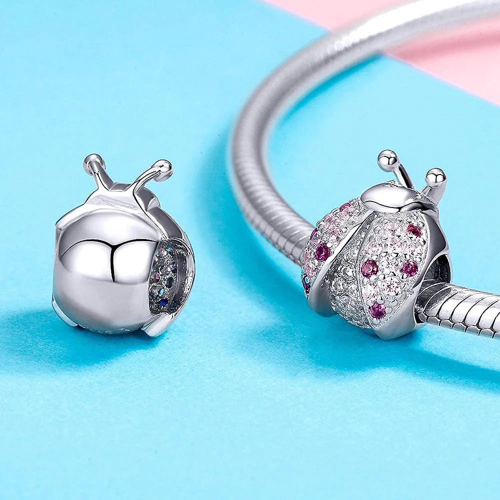 Solid 925 Sterling Silver Pink Beetle with CZ Charm