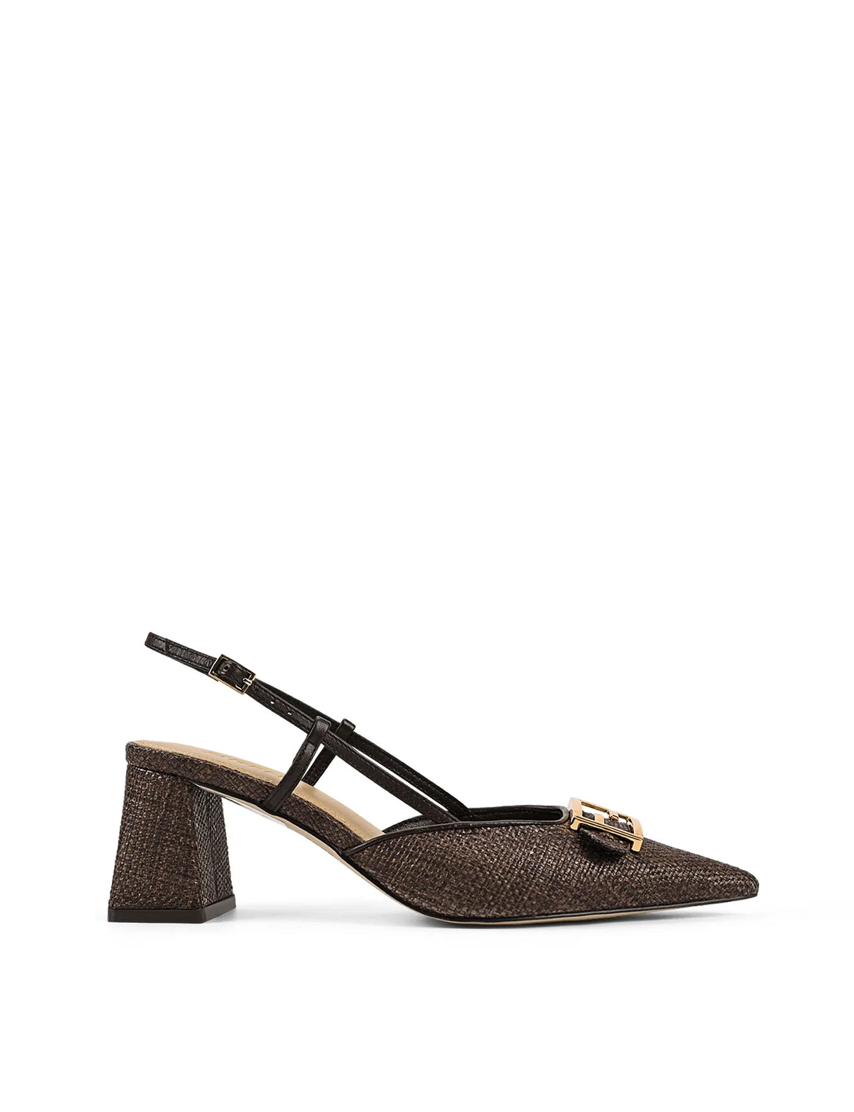 Siren Sling Back Block Heels - Choc Brown Leather & Choc Brown Raffia