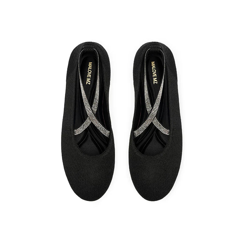 Rhinestone Cross Strap Knit Ballet Flats - Black