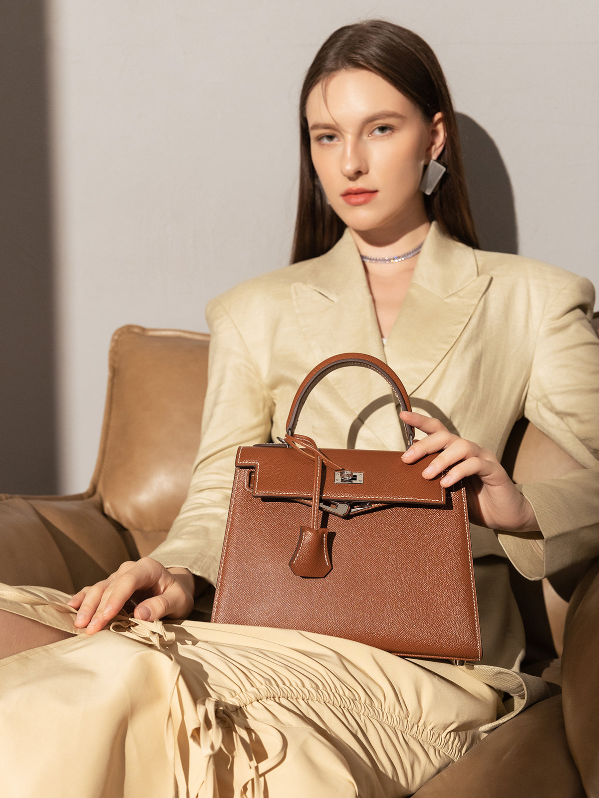Clifton Palm-Grain Calfskin Top Handle Bag - Brown