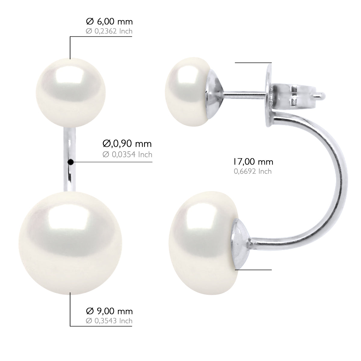 Earrings Duo Real Cultured Freshwater Pearls Button 6 and 9 mm - Natural White - Longueur 42 cm