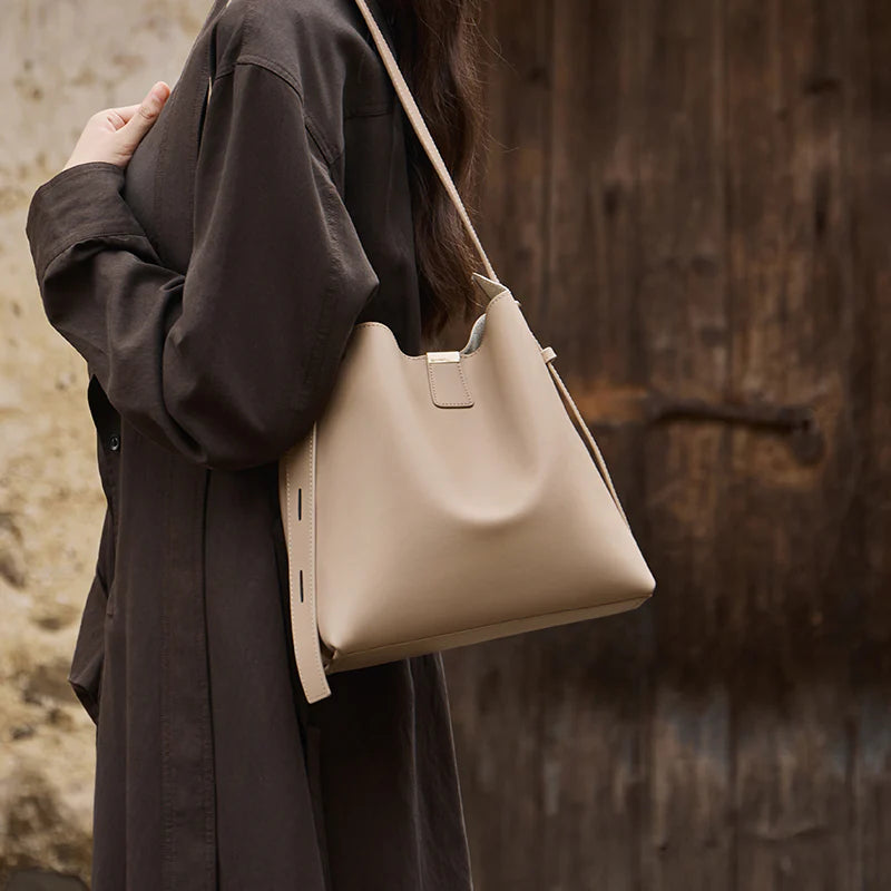 Nalandu Minimalist Genuine Leather Bucket Shoulder Bag - Taupe