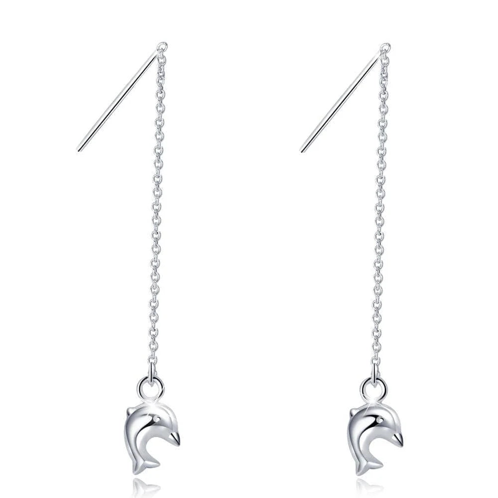 Solid 925 Sterling Silver Dolphin Threader Earrings