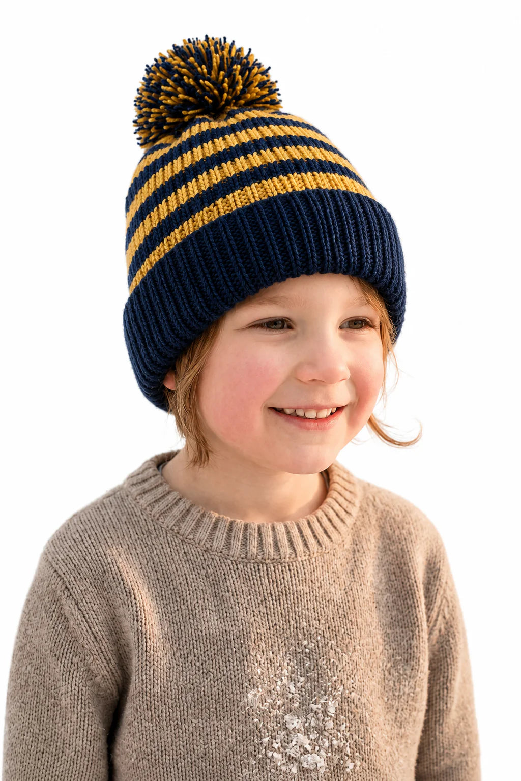 Cherry Red Stripe Kids Beanie W/ Pom Pom - Blue/Yellow
