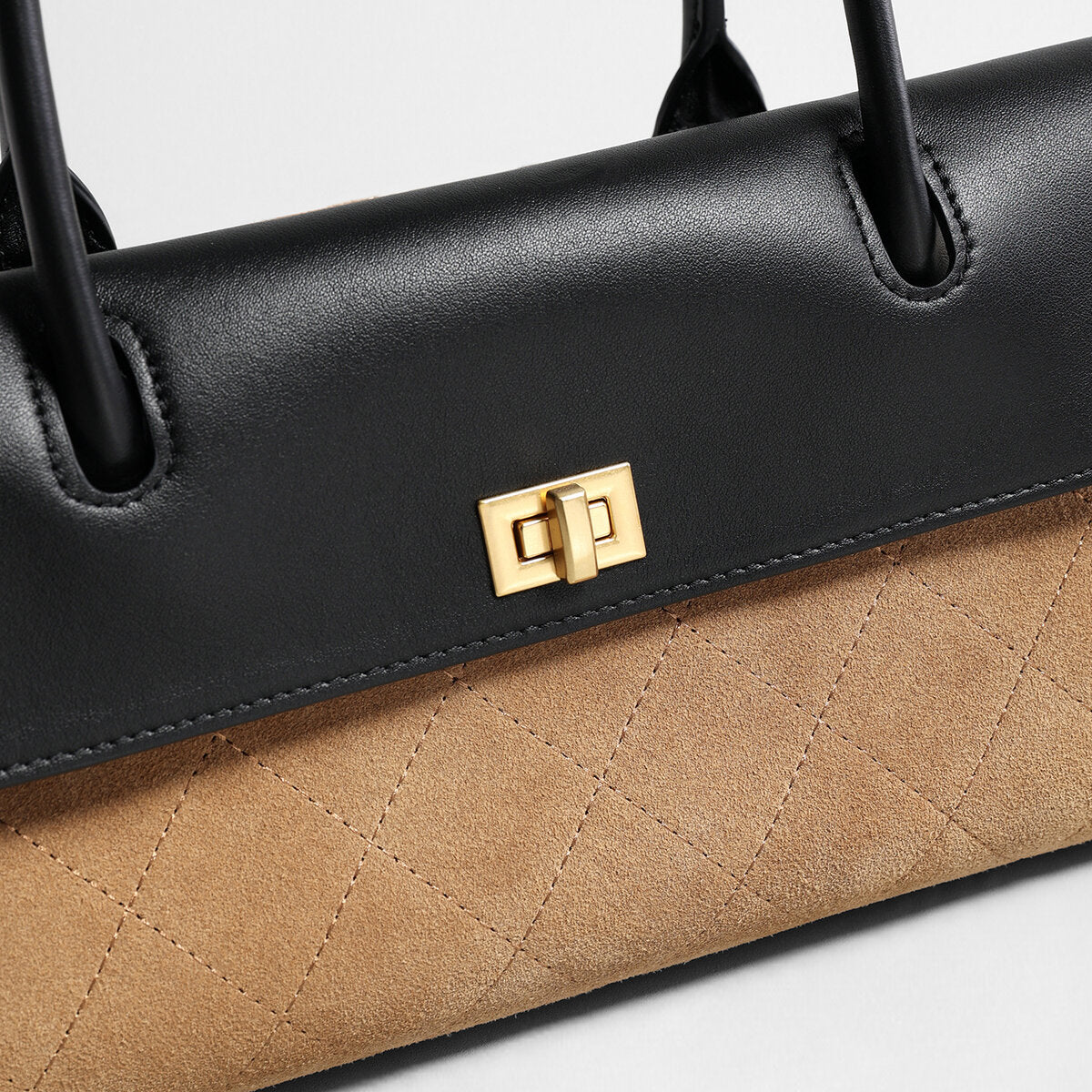 Two-Tone Quilted Suede & Leather Baguette Bag - Camel