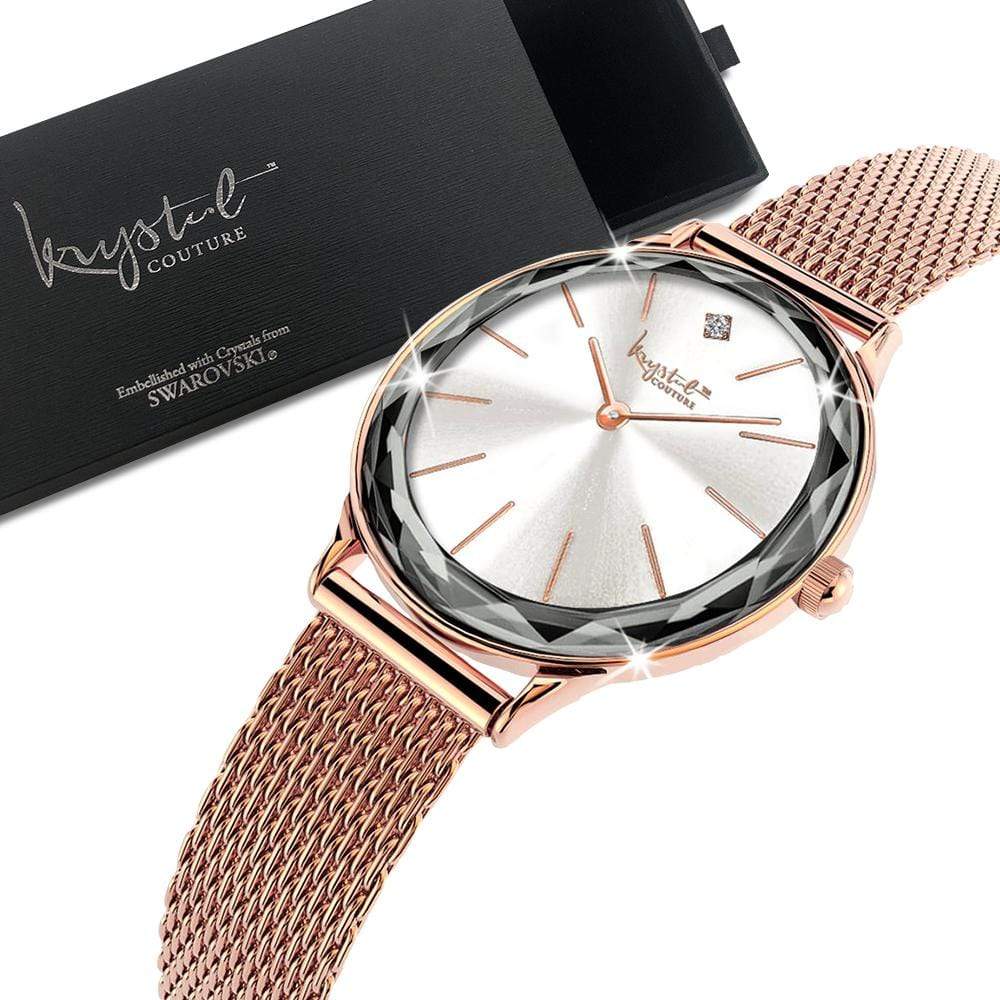 Krystal Couture Krystal Couture Geometric Mineral Glass Feat SWAROVSKI Crystal Watch Rose Gold White
